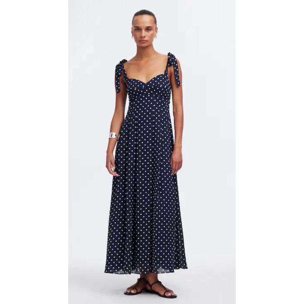 Madewell Pleated Sweetheart Midi Dress in Polka Dot Deep Indigo size 0